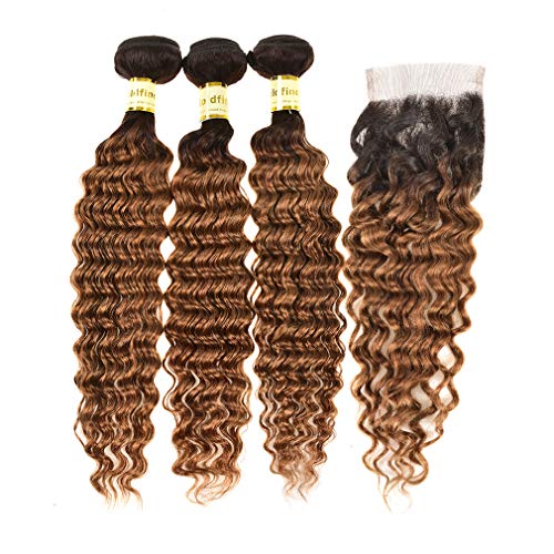 Goldfinch Brown Ombre Deep Curly Bundles with Closure #1b/30 Two Tone Brazilian Ombre Human hair Bundles with Closure Deep Wave Ombre Hair Bundles with Closure Free Part 20"22"24"+18"