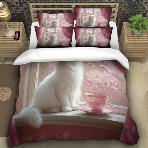 Parure de couette chat blanc 140x200cm microfibre hypoallergenique et eclair cache