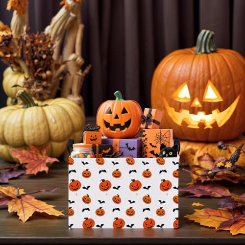 Image of Large Halloween Basket Gift Personality Pumpkin Ghost Parties Decor Kid Trick or Treat Basket for Boys and Girls Rectangular Storage Bin Box (Pumpkin Bat)