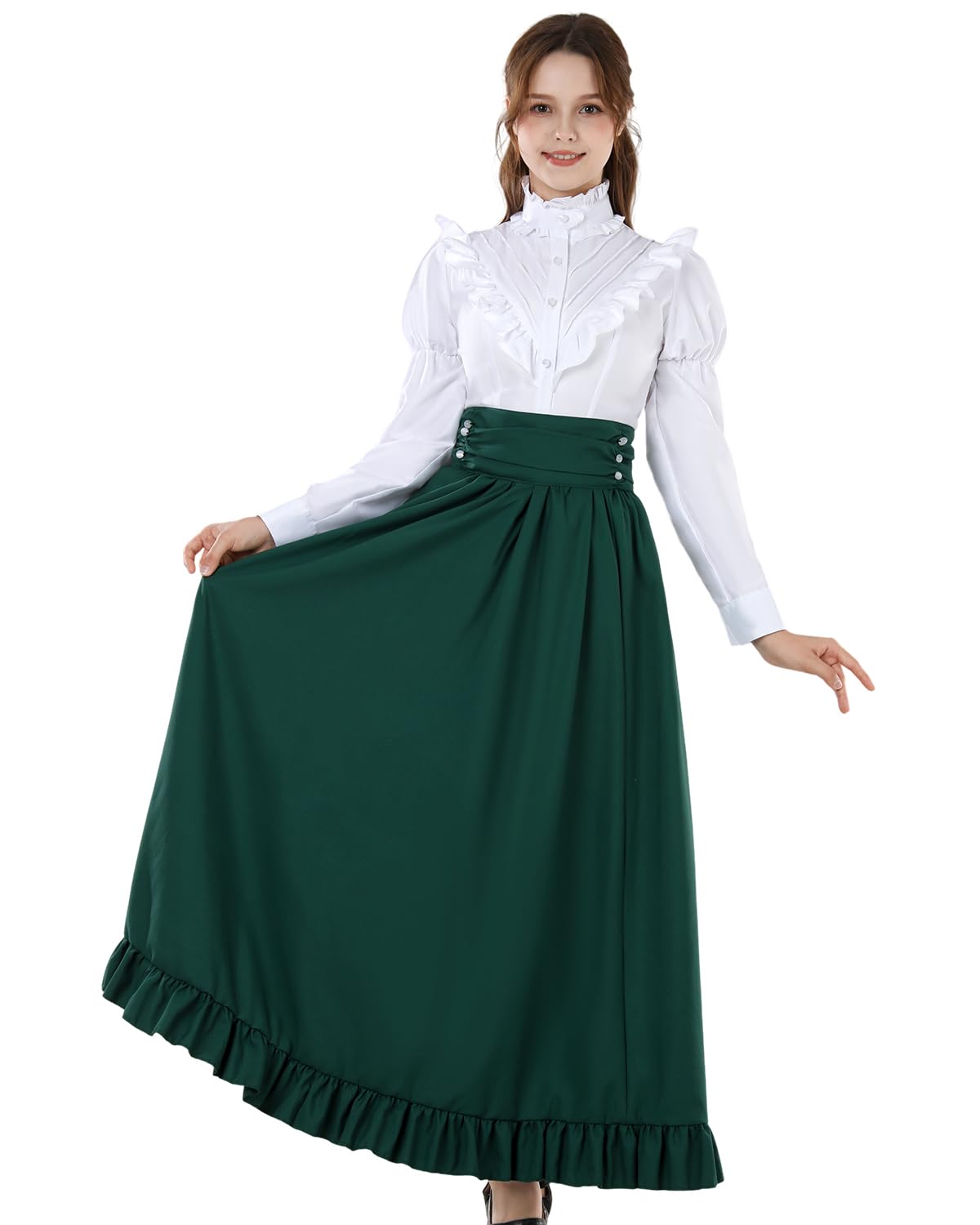CR ROLECOS Vestido medieval mujer maxi morado floral manga larga cuello alto A-line formal invierno
