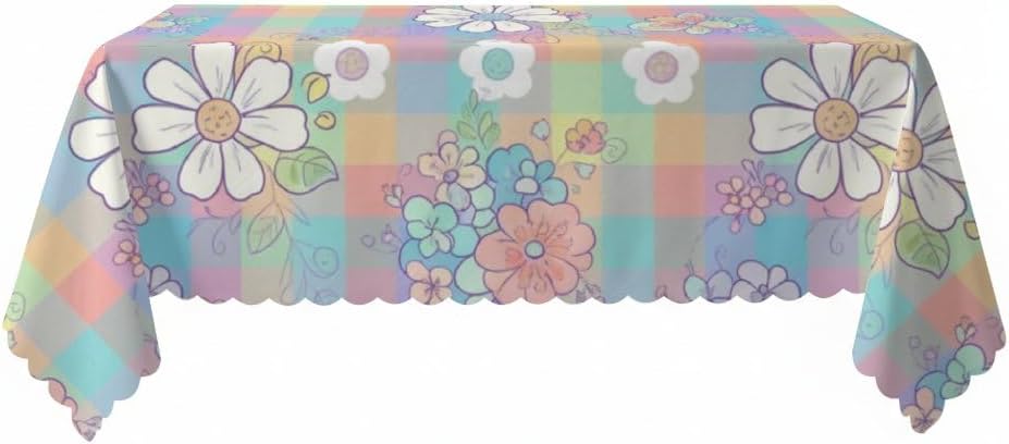Soft Multicolor Grid Table Cloth 60x120 in, Washable Mid Century Beach Tablecloth, Girl Party Decorations Coastal Tablecloth for Kitchen Dining Room Tea Party Table Cover
