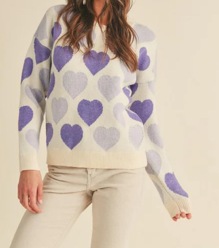Image of Women Heart Print Knit Pullover Sweater Long Sleeve Round Neck Love Pattern Sweaters Trendy Valentine Knitted Sweater
