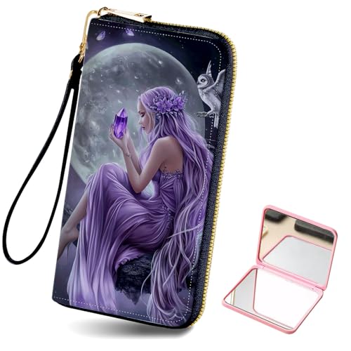 Women's Card Holder Wristlet Wallet, Convenient Travel Long Wallet with Strap and Pink Compact Mirror, Fashion and Sturdy Wristlet Long Purse for Women, Moonlight Fairy
