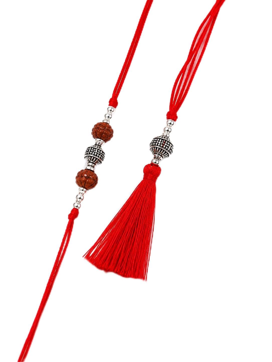 Diya Silver Rudraksha Rakhi Set with Red Tassel, Pack of 2-image-42