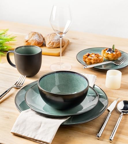 GBhome Steingut Geschirrset 6 Personen, 18-tlg Reaktive Glasur Handarbeit Steingut Geschirr Set, Mikrowellen- & Spülmaschinenfest Schüssel- und Teller Set,Petrol