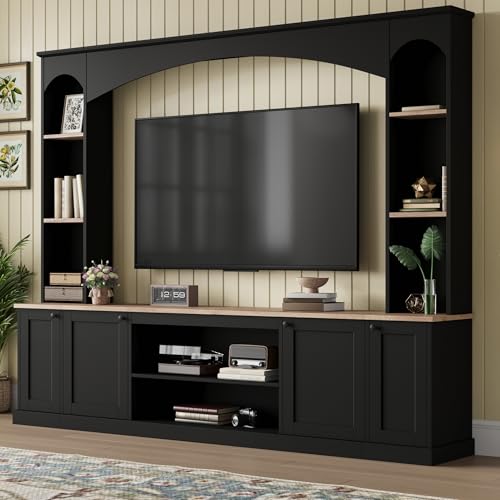 Image of JIJIWANG 91 inch Arched Entertainment Center with Bookshelf for TVs Up to 70 inch, Large Wall Unit Tv Stand with Storage Adjustable Shelves Doors for Living Room Black