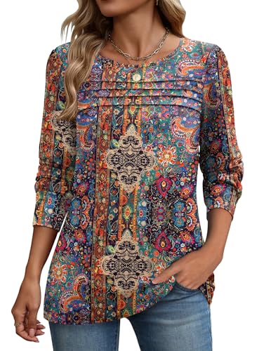 Zeagoo Damska koszulka z długim rękawem, okrągły dekolt, na co dzień, na jesień, bufiaste rękawy, Boho Floral 721, S