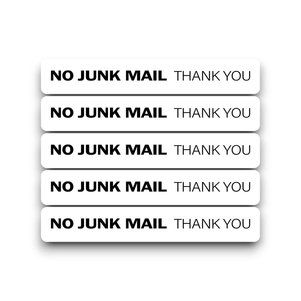 5 PACK - Small Subtle12cm X 2cm NO JUNK MAIL Self Adhesive Stickers - Sign, Letter Box, Front Door, Flyers, Leaflets, Canvasing, Warning, Notice SG414