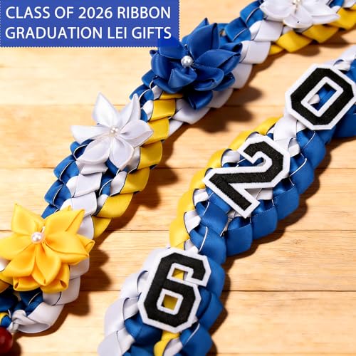2026 Graduation Lei Double Braided Strands Graduation Ribbon Leis with 4 Satin Flowers Congrats Grad Leis Class of 2026 Gifts (Blue Gold White) — view 5