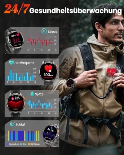 BANLVS Smartwatch Herren Militär mit 1000mAh und LED Taschenlampen, Schwarz – Ansicht 6