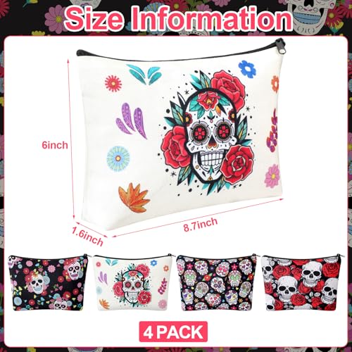 Preboun 4 Pack Sugar Skull Makeup Bags Day of the Dead Cosmetic Bag Gifts Travel Toiletry Zipper Pouch Gothic Floral Skeleton Gifts Pouch for Girls Women Day of the Dead Halloween Sugar Skull Lovers2
