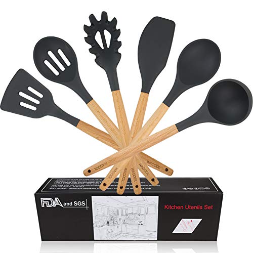 WACOOL 6 Piece Silicone Cooking Kitchen Utensil Set Tools with Wood Handles Turner