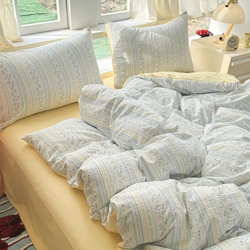 Covebett Duvet Cover Sets Double Size Blue Yellow Flowers Floral Striped Reversible Microfibre Bedding Set Botanical Aesthetic Girls Quilt Cover 200x200 with Zipper Closure and 2 Pillowcase 50x75 cm - Image 3