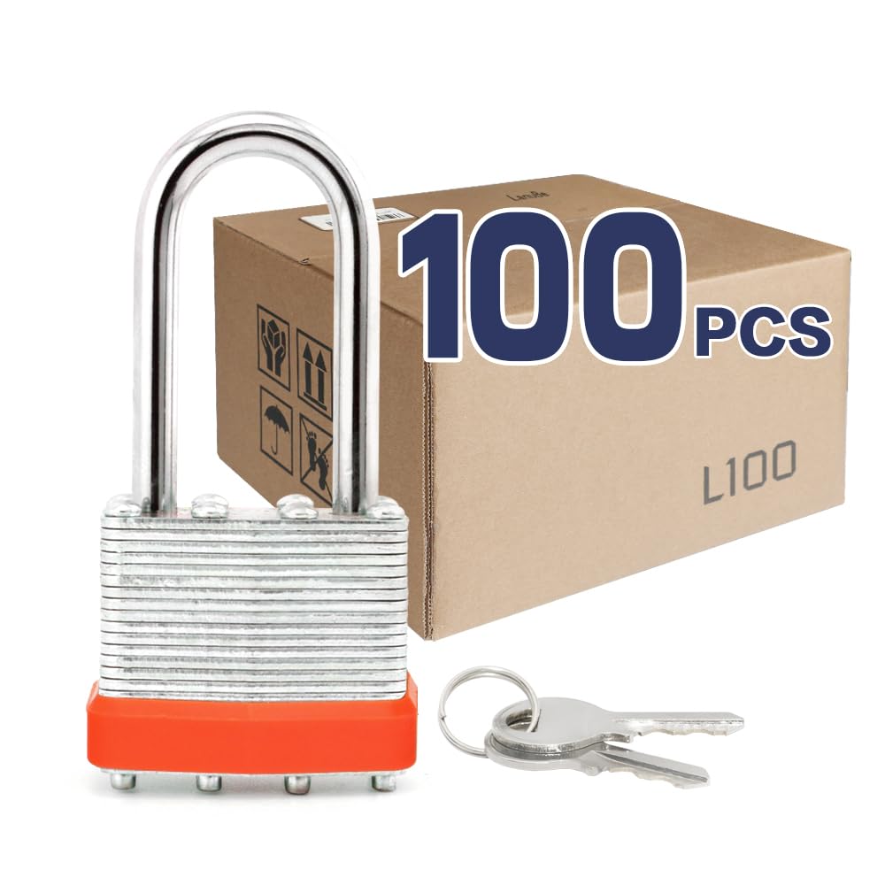LanuBe Candado laminado con llave (1-9/16 pulgadas, 40 mm), cerraduras iguales con llave, grillete largo, aro de plástico naranja marcado, paquete de 100
