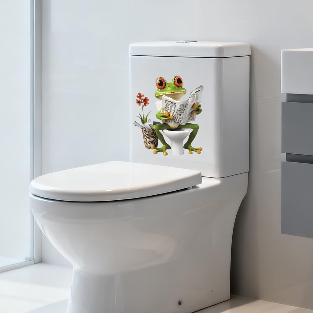 Green Frog Toilet Sticker,Waterproof Crack Frog Toilet Lid Decals, Self-Adhesive WC Cover Sticker Bathroom Accessiores (Newspaper Frog)