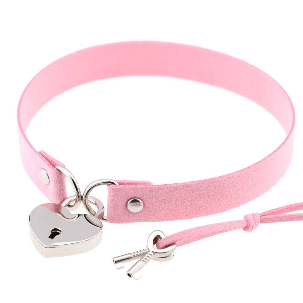 2pcs Women's Halloween Punk Simple Sexy Fun Heart Love Lock Choker Necklace Accessories Collar Clavicle Neckband (Pink 2pcs)