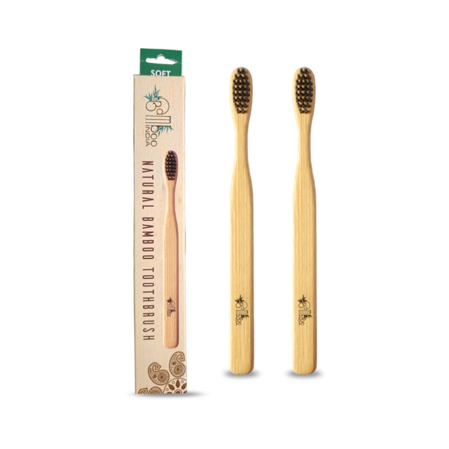 BambooIndia Bamboo Toothbrush Soft Manual | Pack Of 2 For Adults | BPA Free Dual Charcoal Black Soft Bristles | Antibacterial & Biodegradable Handle | 100% Natural & Eco-Friendly