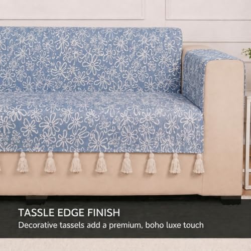 Image of STITCHNEST 'Verdant Phool Stories' 1 Seater Sofa Cover | Full Coverage with Armrest Pockets | Elegant Jacquard Fabric, Decorative Tassels, Washable & Durable for Modern Living
