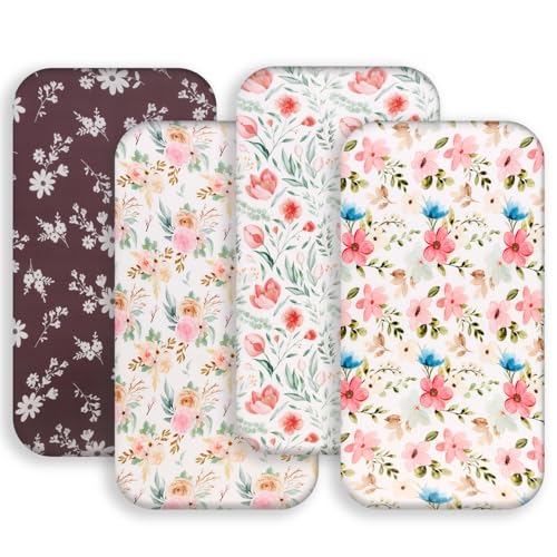 Image of 4 Pack Baby Girl Bassinet Sheets Set Soft Fitted Floral or Elephant Theme Baby Girl Mattress Covers Breathable Toddler Bed Sheets for Infant or Newborn Girls (Flower, Bassinet Sheets)