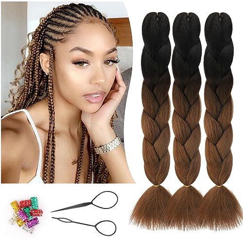Sofeiyan Kanekalon Extensiones Pelo Africanas Trenzas, 24" 3pcs Extensiones Pelo Sintético Jumbo Trenza Extensiones para Trenzas de Ganchillo Extensiones de Cabello, Negro/Marrón Oscuro