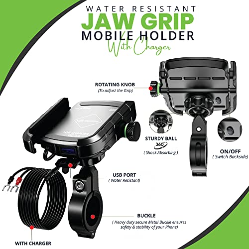 Image of GRAND PITSTOP Mobile Holder for Bikes, Motorcycle, Scooter, Bicycles, Jaw Grip with Charger Bike Mobile Holder for Maps and GPS Navigation with 360 Rotation Aluminium Handlebar Phone Mount-Silver