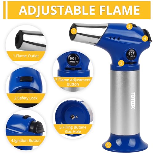 Image of TBTEEK Butane Torch T901, Kitchen Torch Cooking Torch with Safety Lock & Adjustable Flame for Cooking, BBQ, Baking, Brulee, Creme, DIY Soldering(Butane Not Included), Blue