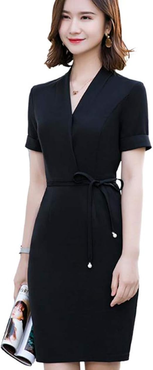 Amazon Co Jp Qyyワンピース レディース 半袖 タイトワンピース 膝上 Vネック きれいめ ドレス 上品 フォーマル ビジネス 事務服 大きいサイズ 黒ワンピース 通勤 服 ファッション小物