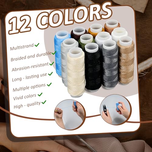 Leder Nähset, 48 Stück Leder Werkzeuge Set, Ledernähset mit Nähnadeln, Hochleistungs-Nähset mit Nähnadeln, Nähgarn für Reparaturen, Nähahle, Handnähen, Leder Werkzeuge Set für DIY Handwerk