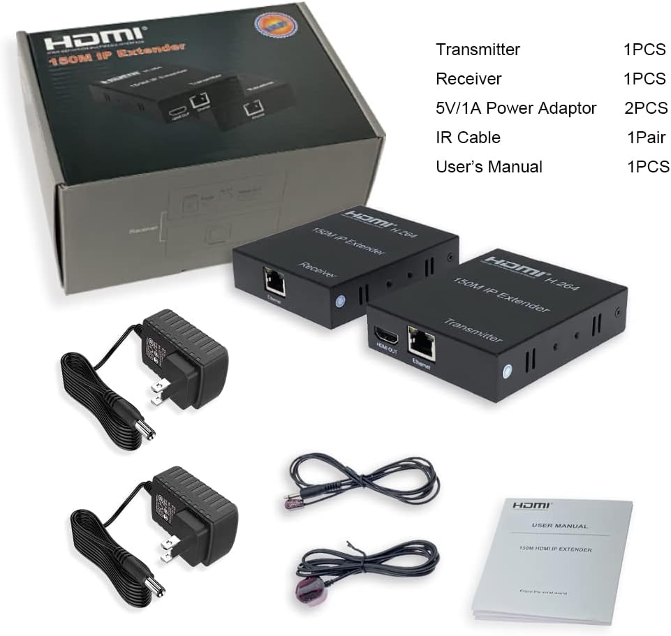 Digital HDMI Extender Over Cat5e/6 Uncompressed Full HD 1080p 60Hz HDMI Over Ethernet Cable Up to 495Ft, HDMI IP Extender Support IR Remote Control and HDMI Loop Out