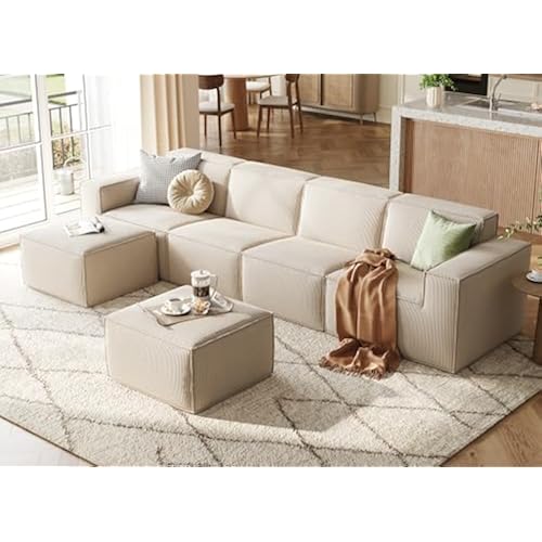 LINSY HOME Modular Sectional Sofa, 134" Boneless Couch U Shaped 4-Seat Sofa with 2 Movable Ottomans, Corduroy Sectional Cloud Couches for Living Room, No Assembly Required, Beige