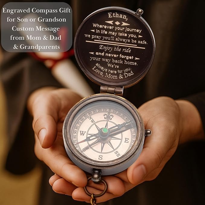 Brújula de bolsillo personalizada de latón – regalo grabado para hombres, recuerdo antiguo personalizado para hijo, esposo, novio o papá miniatura 6