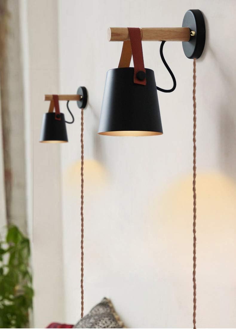 Kiven 2-Pack Iron Art Belt Wall Lamp UL Listed Plug-in Brown Weave Dimmable Cord Lighting Round Bucket Loft Style Wall Lamp for Bathroom Dining Room Cafe Bulbs Not Included (Black)