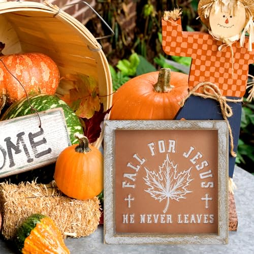 Image of Embossed Orange Fall Leaf Sign, Farmhouse Autumn Decorations, Wooden Fall Tiered Tray Decor for Shelf Cubicle Desk Mantel, Rustic Thanksgiving Table Decor