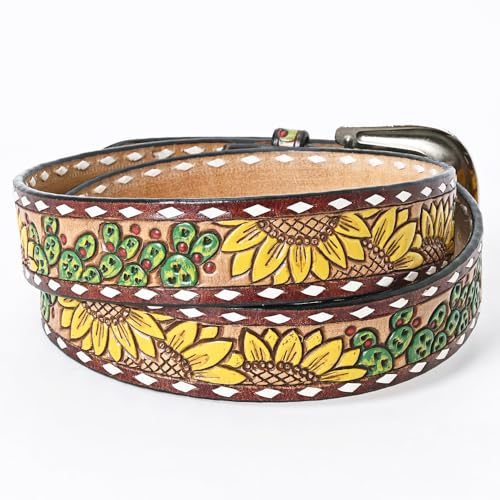 American Darling Medium Beautifully Hand Tooled Tan Genuine Leather Belt Men and Women Western with Removable Buckle3