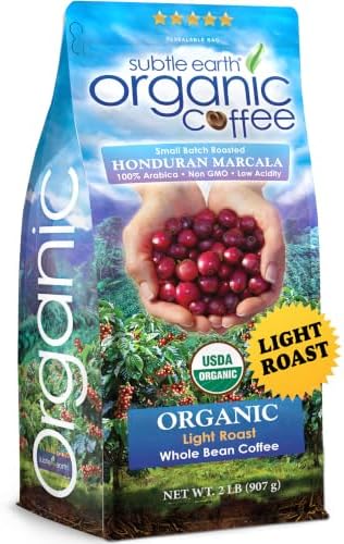 2LB Subtle Earth Organic Coffee - Light Roast - Whole Bean Coffee - 100% Arabica Beans - Low Acidity and Non-GMO - 2lb bag