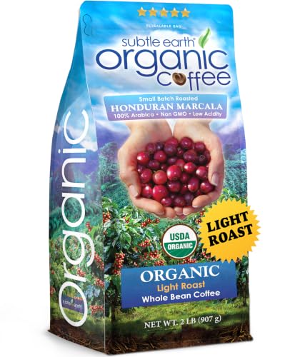 2LB Subtle Earth Organic Coffee - Light Roast - Whole Bean Coffee - 100% Arabica Beans - Low Acidity and Non-GMO - 2lb bag