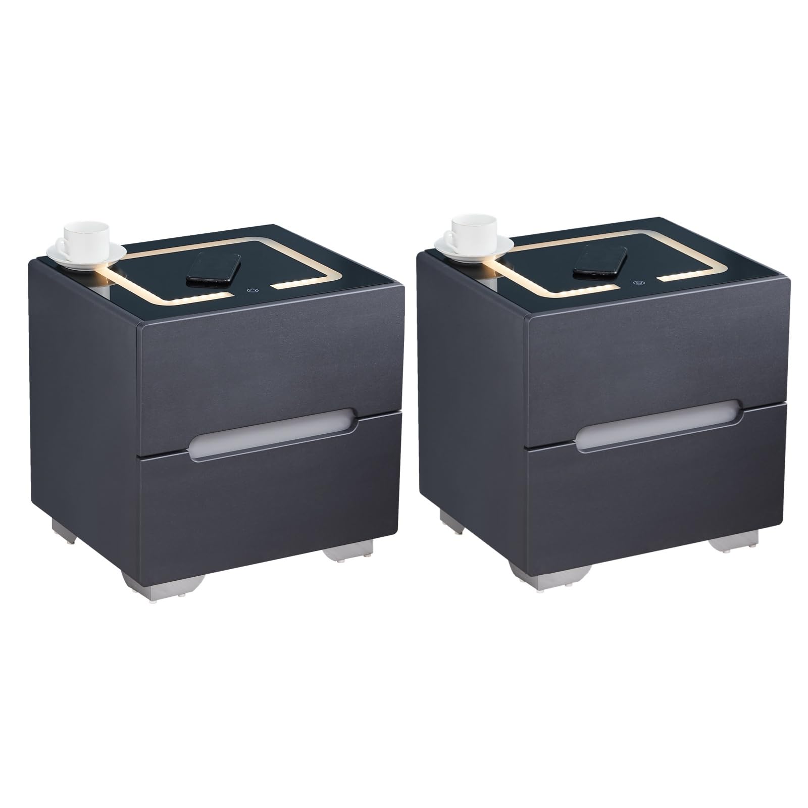 Oyajia Smart nachtkastje met functie van mobiele telefoon, draadloos opladen, nachtkastje met ledlicht, 2 laden, commode, woonkamer, slaapkamermeubel ( zwart