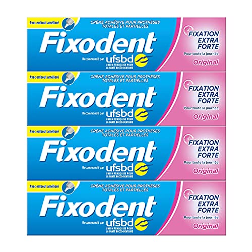 Original Fixative Cream,4 包(4 x 47g),用于假牙的粘性乳膏,提高舒适度和抗颗粒保护,超强固定,甜薄荷