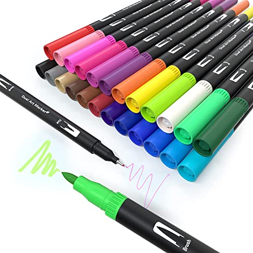 Dual Brush Marker Pens for Coloring,24 Colored Markers,Fine Point and Brush Tip Art Markers for Kids Adult Coloring Books Bullet Journals Planners,Note Taking Coloring Writing (24)
