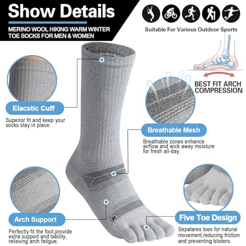 Merino Wool Toe Socks for Hiking Men Women Thermal Winter Warm Moisture Wicking Crew Finger Socks2