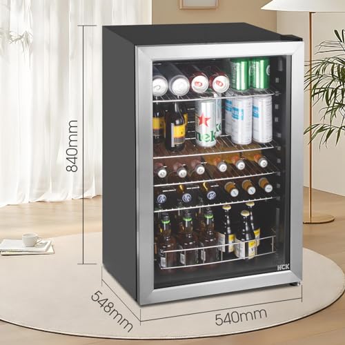 HCK Bierkühlschrank 115L Freistehender Getränkekühlschrank mit doppelt verglaster Glastür, Temperatur von 0 bis 10℃, Energieklasse E