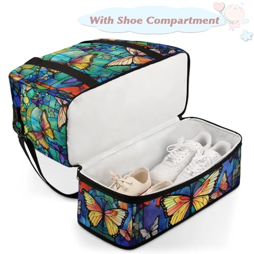 Large Weekender Overnight Bags Glass Colorful Butterfly Travel Duffel Bag for Women Men Gym Bag With Shoe Compartment Foldie Travel Tote Bag Carry On Personal Item Bag for Travel Gym Sports4