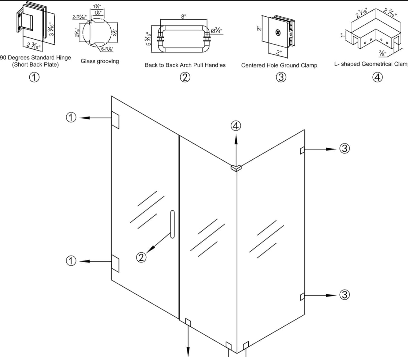 Shower Door Hardware Kit Frameless Swing Hinged Corner Shower Enclosure Accessories Parts for 5/16” 3/8” to 1/2" Thick Glass Glass Clamp ，Includes Shower Door Hinges and Handles - Brushed Gold