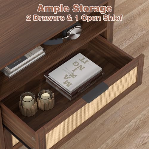 HOMMPA Rattan Night Stand with Charger Station, 26'' Wide Boho Nightstand with 2 Drawer, Modern Bedside Table with USB Port & AC Outlet, Bed Side End Table Dresser with Open Shelf for Bedroom, Walnut - image 4