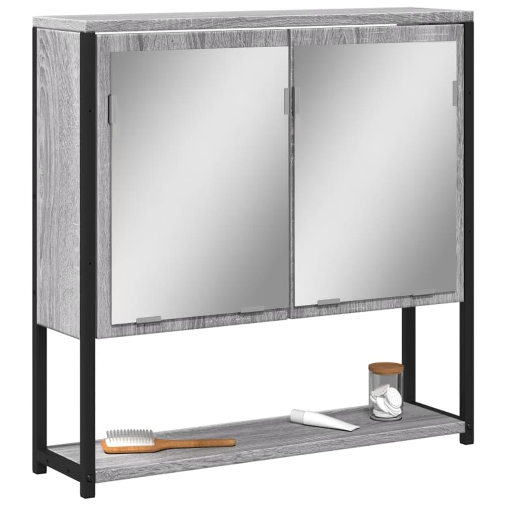 Badezimmer Spiegelschrank Grau 60x16x60 cm Holzwerkstoff mit Stauraum, Wandmontage für kleine Räume, klare Glas-Spiegelfläche für Make-up und Rasur