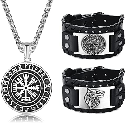 ADRAMATA Viking Necklace Viking Bracelets for Men Amulet Jewelry Norse Vegvisir Viking Necklace Bracelet Arrowhead Necklace Wolf Fenrir Bracelet Set