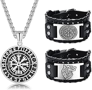 ADRAMATA Viking Necklace Viking Bracelets for Men Amulet Jewelry Norse Vegvisir Viking Necklace Bracelet Arrowhead Necklace Wolf Fenrir Bracelet Set