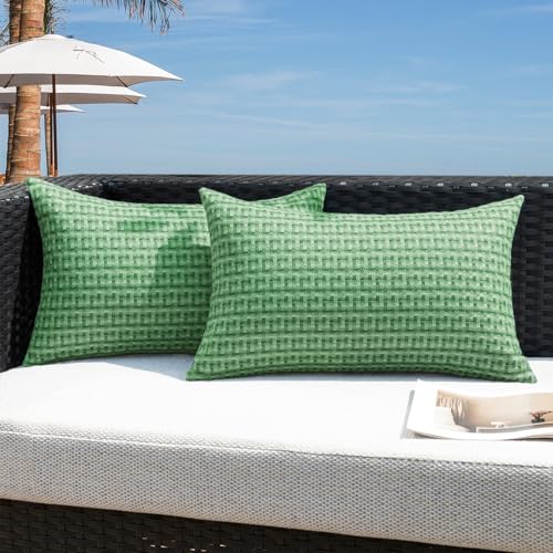 Image of Kevin Textile Waterproof Cushion Covers 30x50 cm Set of 2 Outdoor Weaving Texture Water Resistant Seat Cushions Cover 12x20 Inch for Outdoor Garden Patio Balcony Couch Sofa Chair Seats, Sage Green