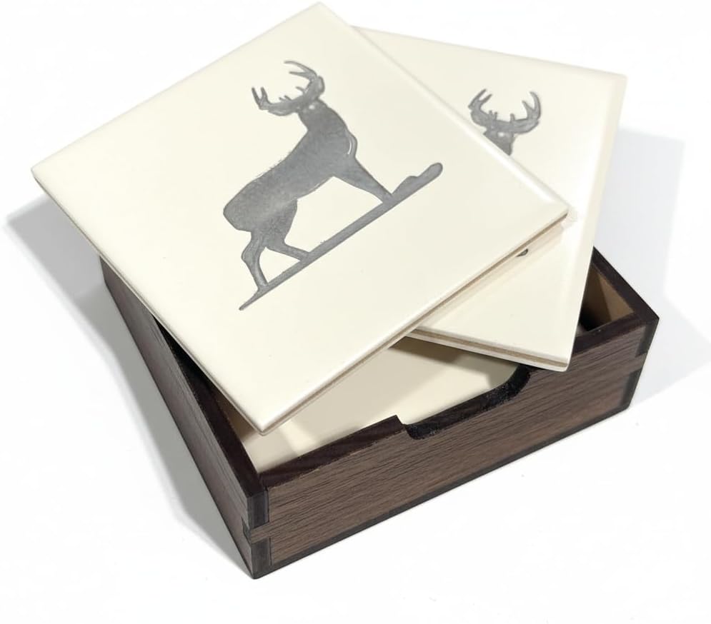 Handmade 4-Piece Deer Coaster Set with Wooden Holder – Laser Engraved Tile Stone Coasters with Buck Silhouette – Rustic Cabin Decor & Hunting Gifts for Men – Made in USA – Non-Scratch Cork Base