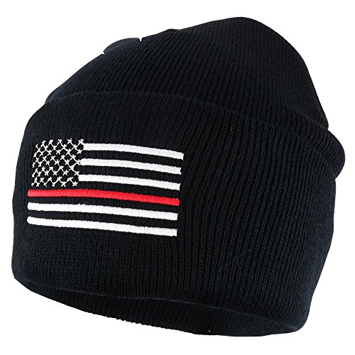 Thin RED Line Embroidered Cuff Beanie Hat